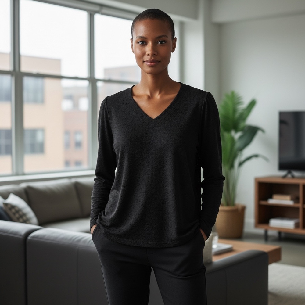 Liz Claiborne Black Knit V-Neck Blouse, Size L – Casual & Workwear Top for Women